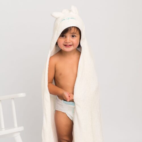 Toddler wearing Tiny Chipmunk bamboo hooded towel - blue 7_square