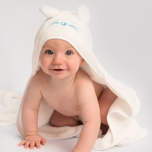 Baby wearing Tiny Chipmunk bamboo hooded towel - blue 8_square